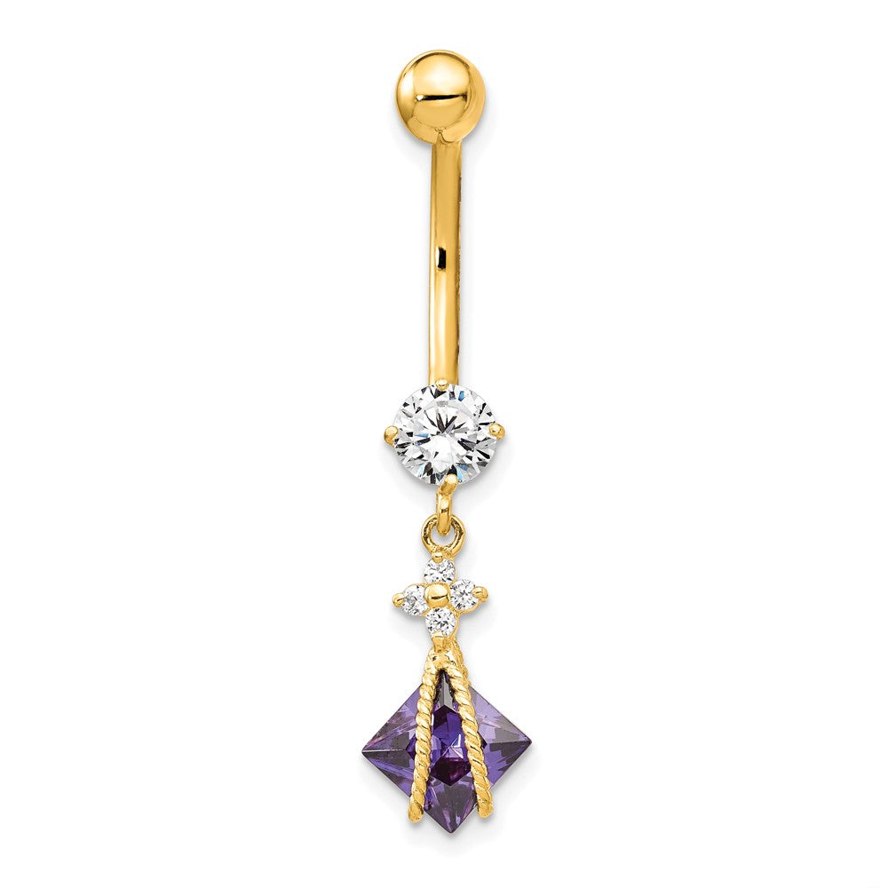 10K Yellow Gold Square Amethyst Cz Belly Dangle