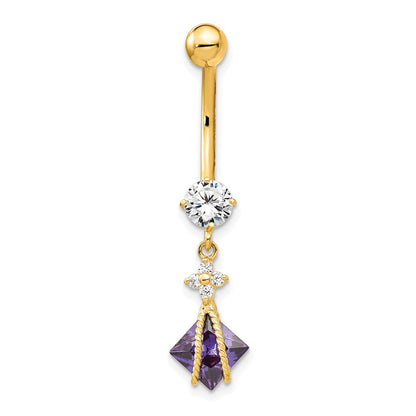 10K Yellow Gold Square Amethyst Cz Belly Dangle
