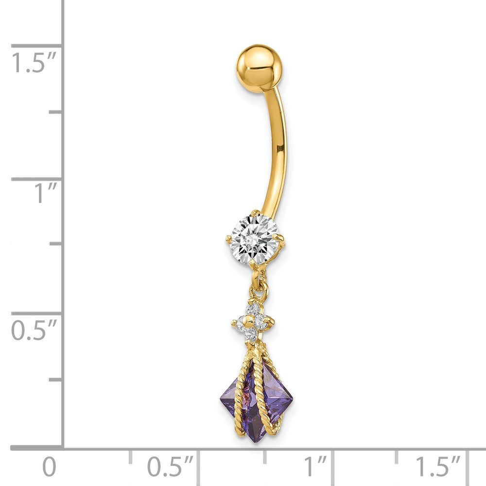 10K Yellow Gold Square Amethyst Cz Belly Dangle