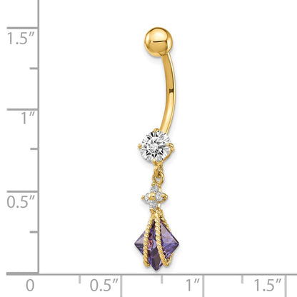 10K Yellow Gold Square Amethyst Cz Belly Dangle