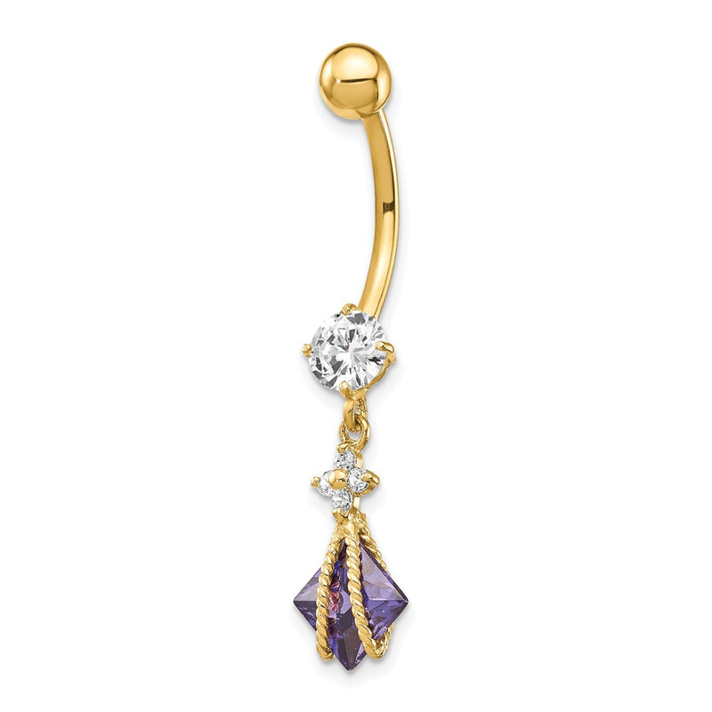 10K Yellow Gold Square Amethyst Cz Belly Dangle