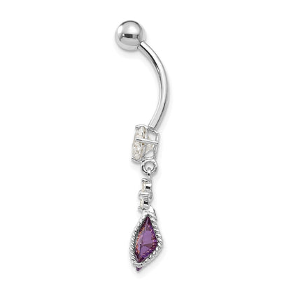 10K White Gold Square Amethyst Cz Belly Dangle