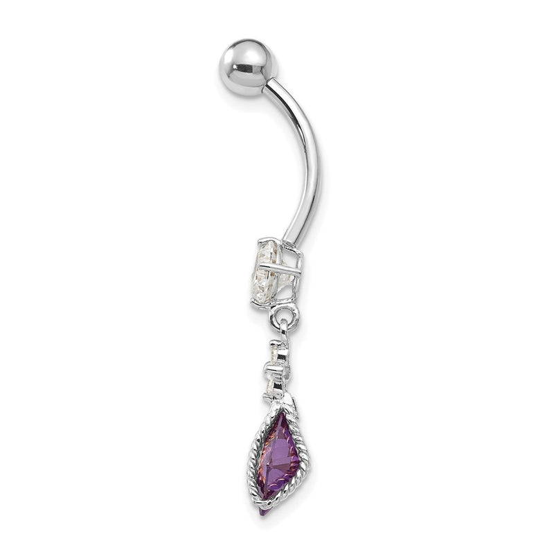 10K White Gold Square Amethyst Cz Belly Dangle