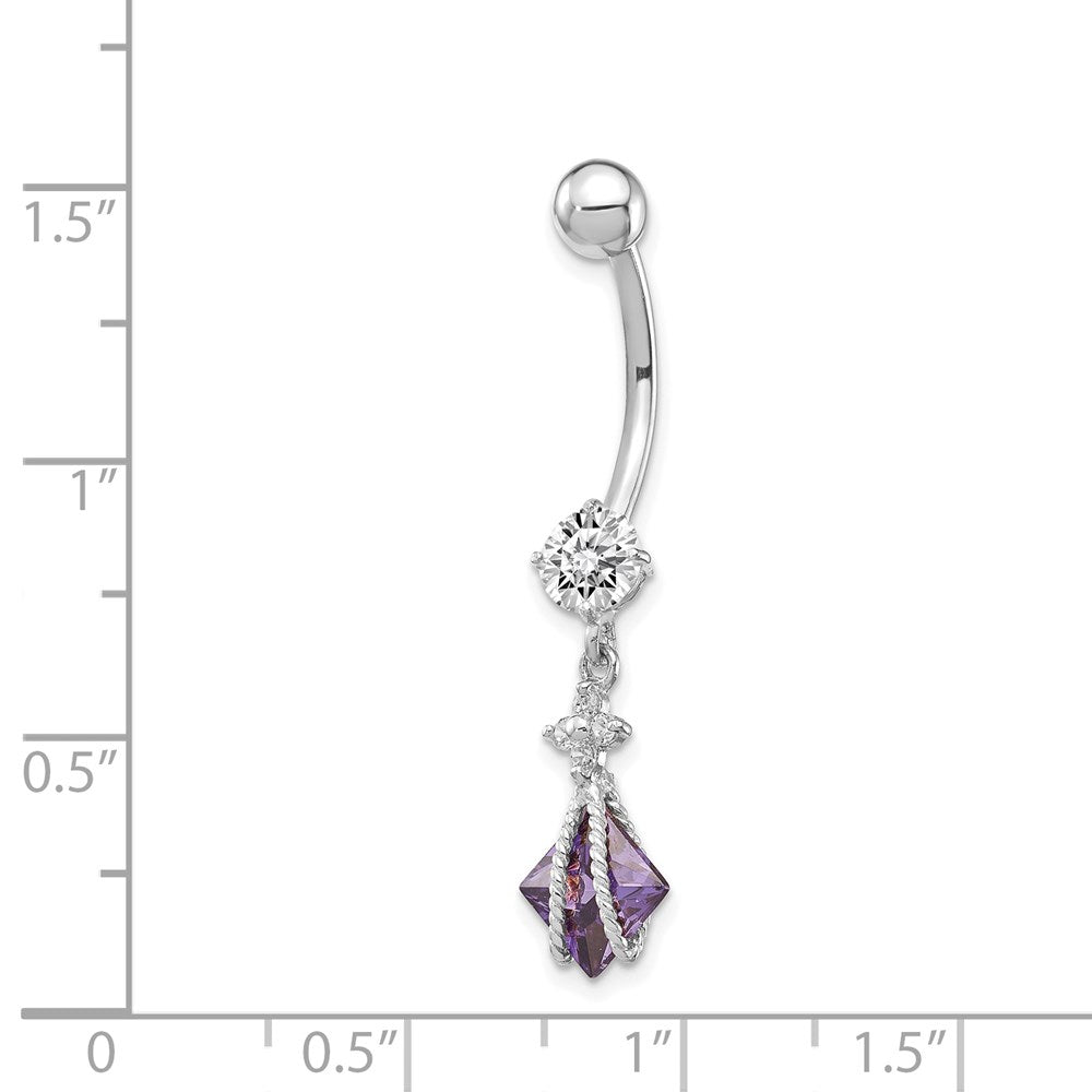 10K White Gold Square Amethyst Cz Belly Dangle