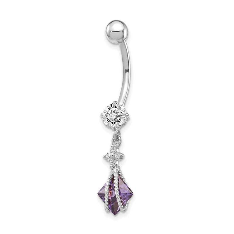 10K White Gold Square Amethyst Cz Belly Dangle