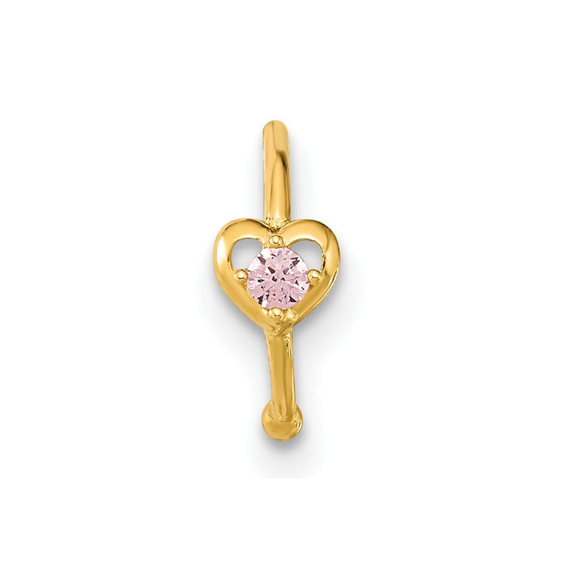 10K Yellow Gold 10K 20 Gauge Hoop With Heart Cz Nose Ring Body Jewelry