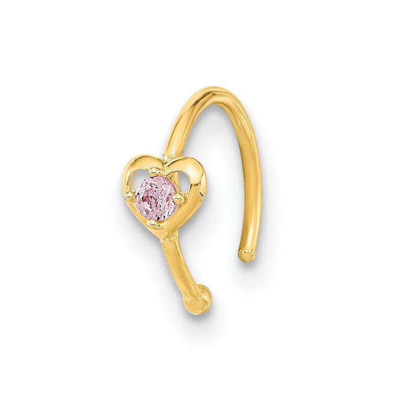 10K Yellow Gold 10K 20 Gauge Hoop With Heart Cz Nose Ring Body Jewelry
