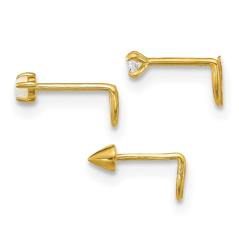 10K Yellow Gold Polished 22 Gauge Set Of Three Cz, Lab Created Opal And Spike Nose Studs