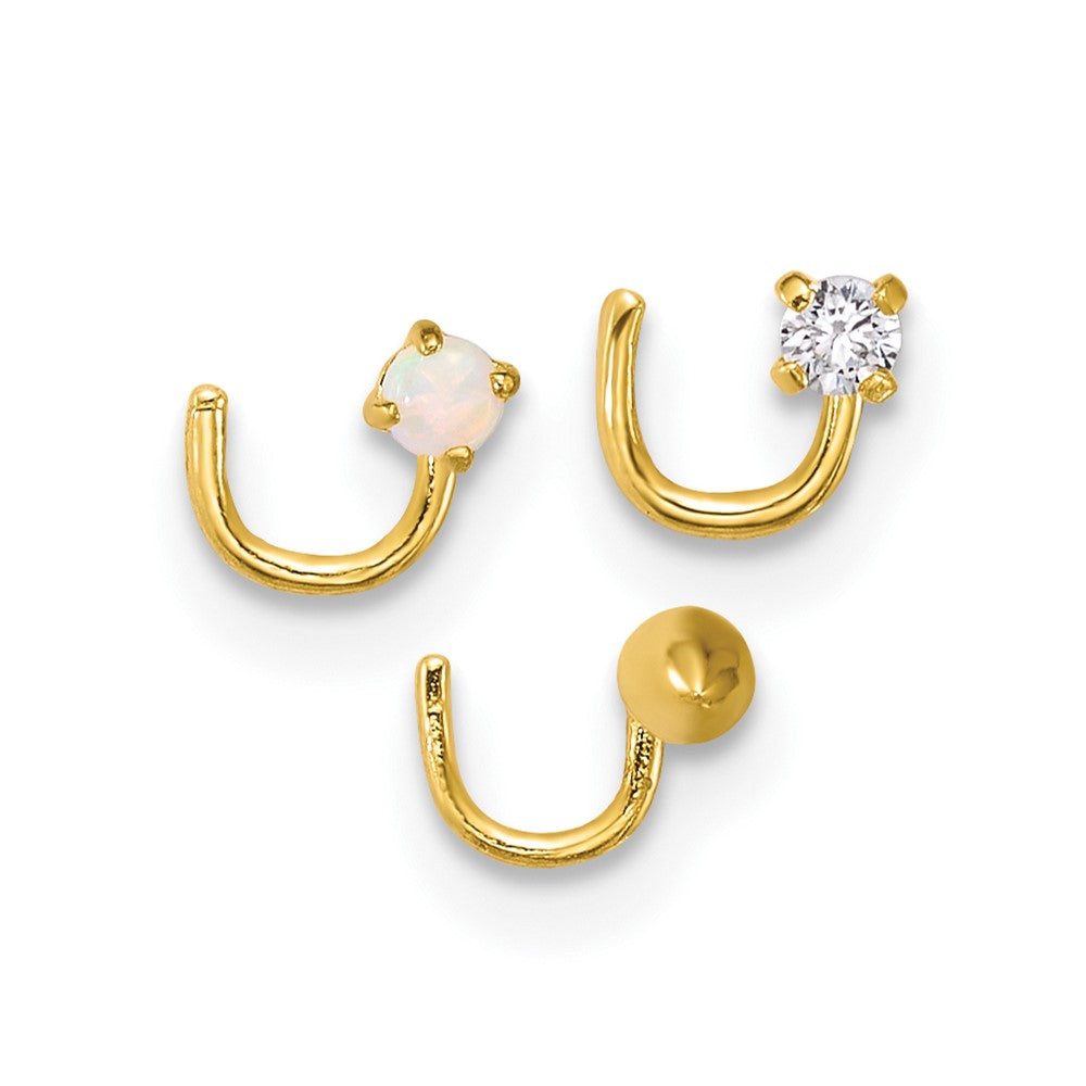 10K Yellow Gold Polished 22 Gauge Set Of Three Cz, Lab Created Opal And Spike Nose Studs