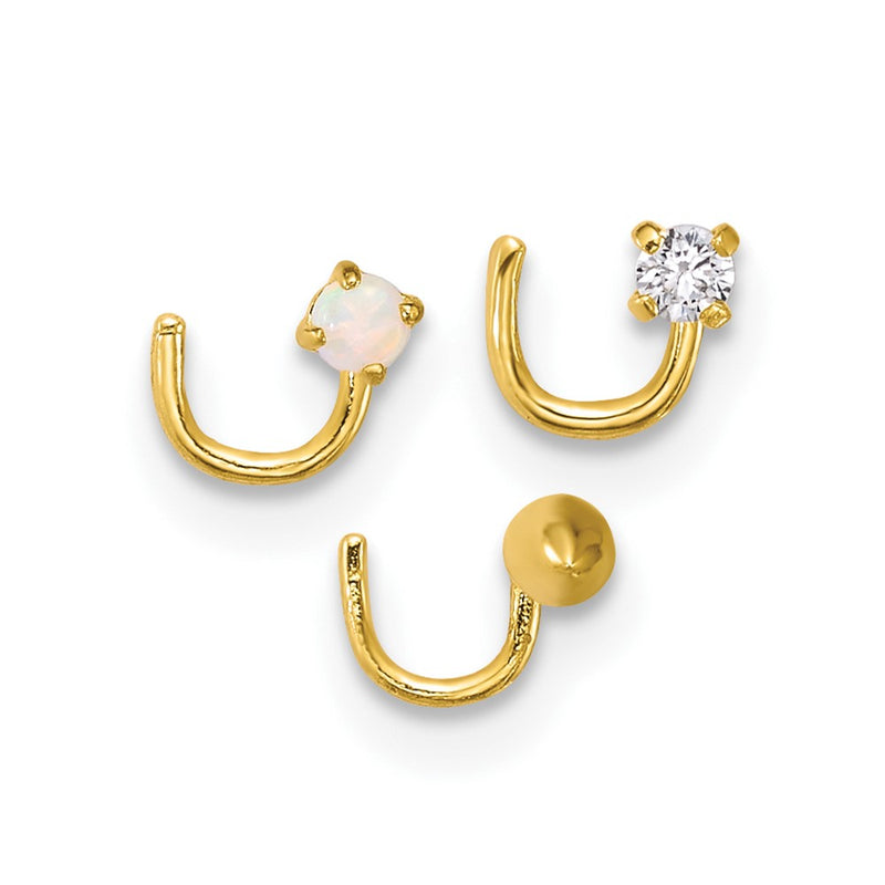 10K Yellow Gold Polished 22 Gauge Set Of Three Cz, Lab Created Opal And Spike Nose Studs