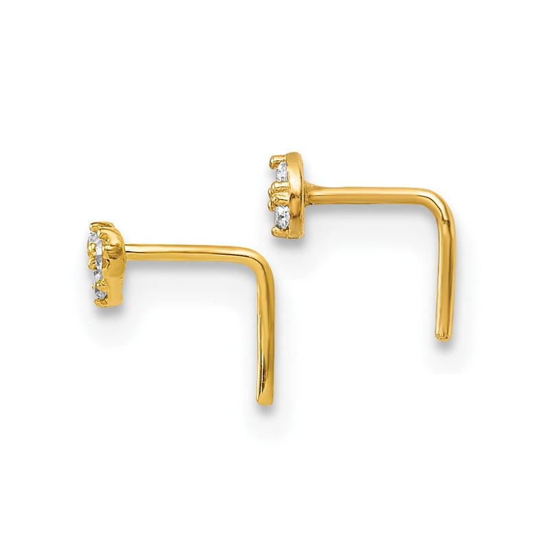 10K Yellow Gold Polished 23 Gauge Set Of Two Cz Heart And Circle Nose Studs
