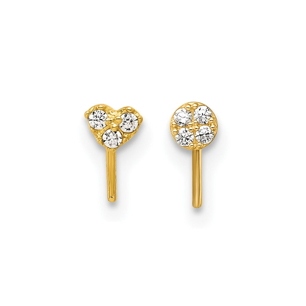10K Yellow Gold Polished 23 Gauge Set Of Two Cz Heart And Circle Nose Studs