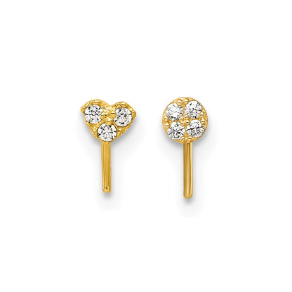 10K Yellow Gold Polished 23 Gauge Set Of Two Cz Heart And Circle Nose Studs