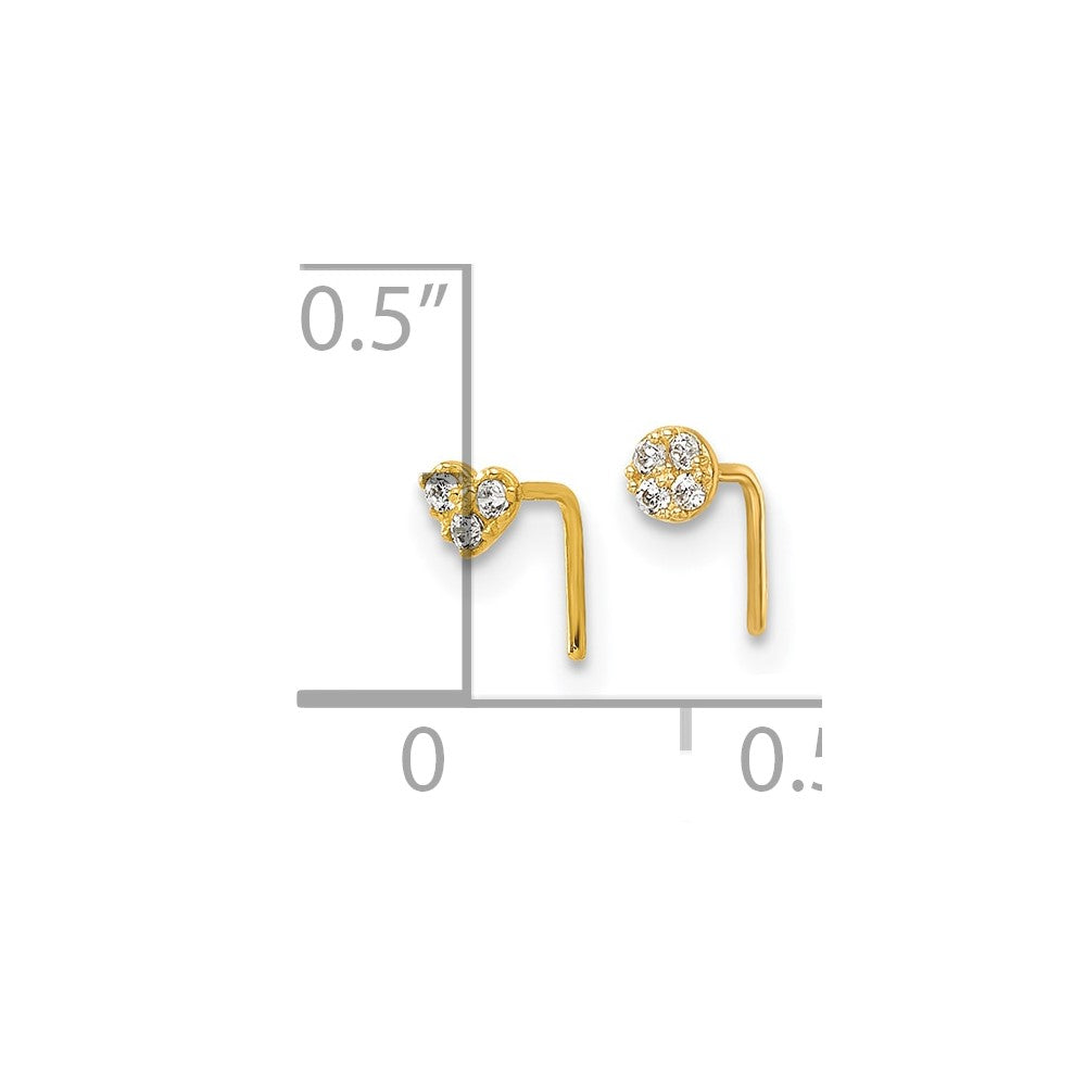 10K Yellow Gold Polished 23 Gauge Set Of Two Cz Heart And Circle Nose Studs