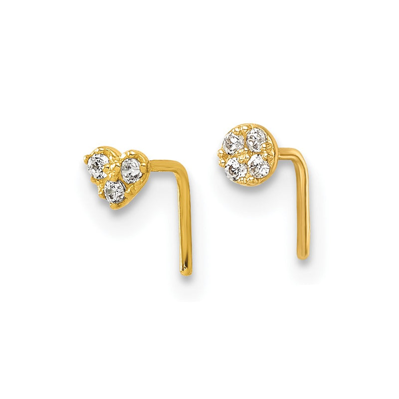 10K Yellow Gold Polished 23 Gauge Set Of Two Cz Heart And Circle Nose Studs