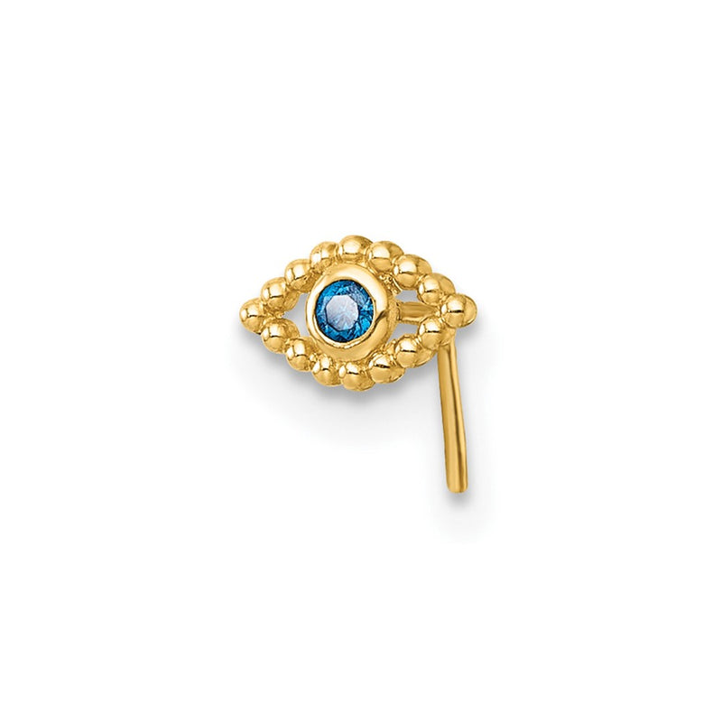 10K Yellow Gold Polished 23 Gauge Blue Cz Evil Eye Nose Stud
