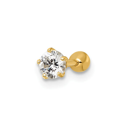 10K Yellow Gold Polished 18 Gauge Round White Cz Labret Stud