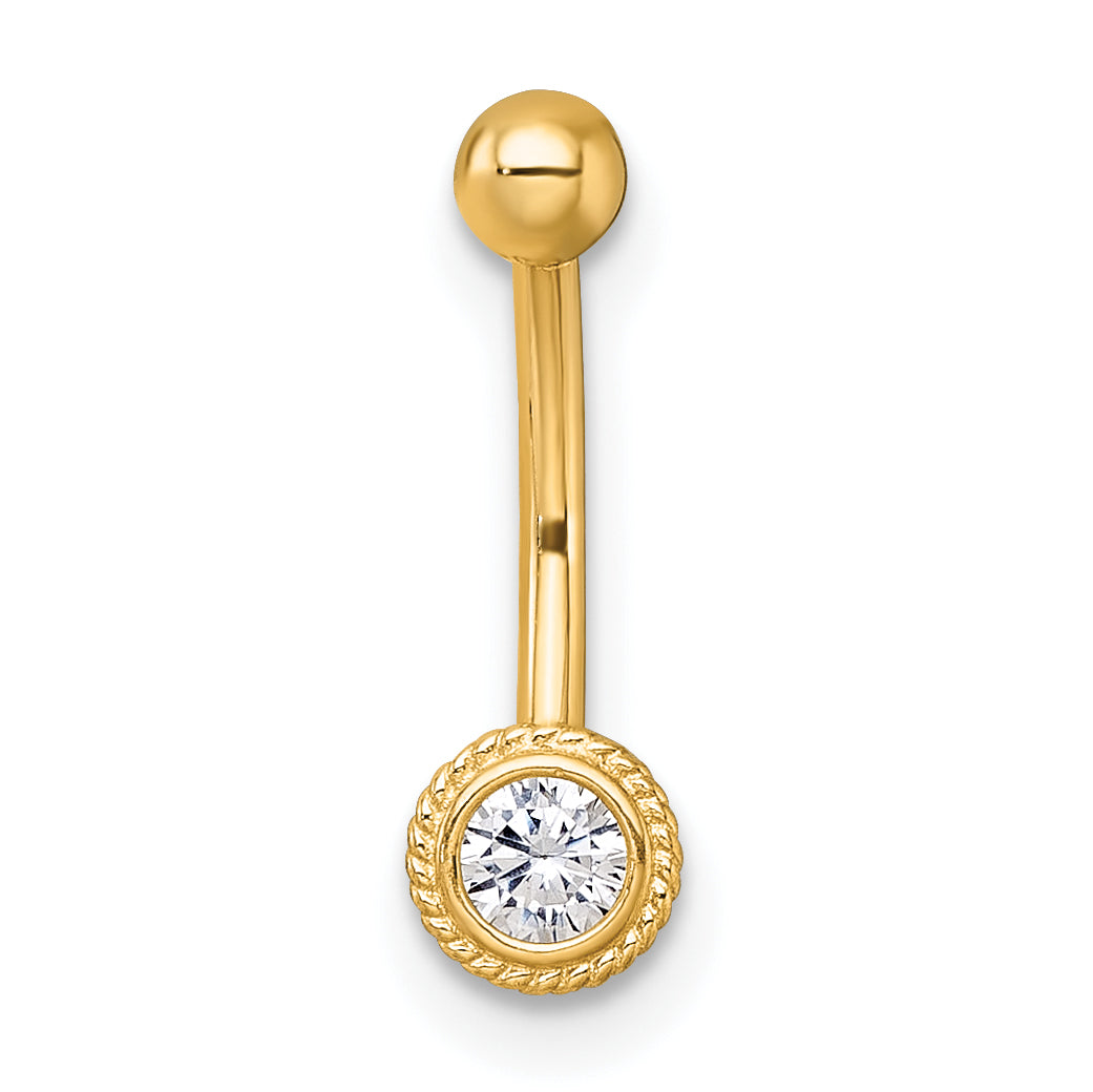 10K Yellow Gold Polished 16 Gauge Rope-Edge Bezel-Set White Round Cz Navel Ring