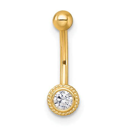 10K Yellow Gold Polished 16 Gauge Rope-Edge Bezel-Set White Round Cz Navel Ring