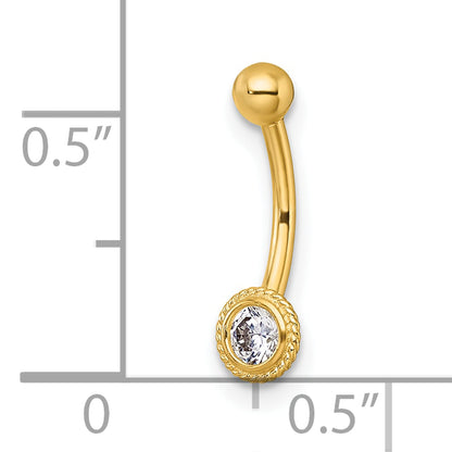 10K Yellow Gold Polished 16 Gauge Rope-Edge Bezel-Set White Round Cz Navel Ring