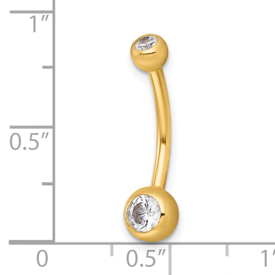 10K Yellow Gold Polished 14 Gauge Bezel-Set Round White Cz Navel Ring