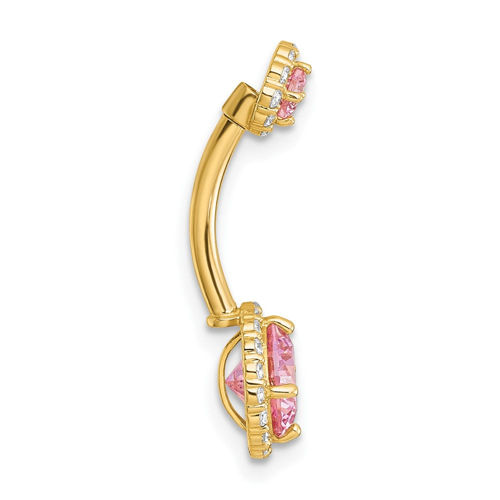 10K Yellow Gold Polished 14 Gauge Halo Pink And Clear Cz Navel Ring