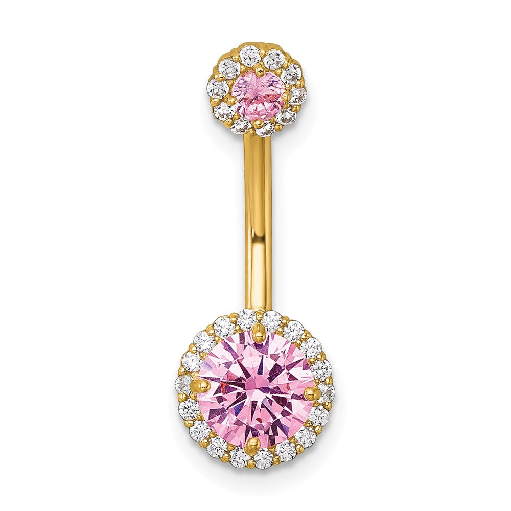10K Yellow Gold Polished 14 Gauge Halo Pink And Clear Cz Navel Ring