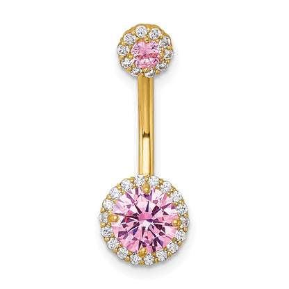 10K Yellow Gold Polished 14 Gauge Halo Pink And Clear Cz Navel Ring