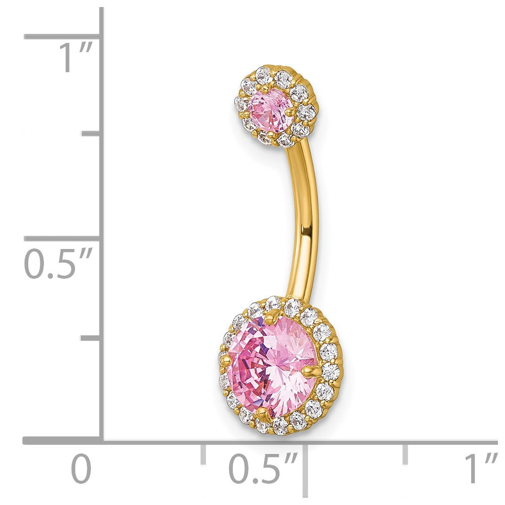 10K Yellow Gold Polished 14 Gauge Halo Pink And Clear Cz Navel Ring