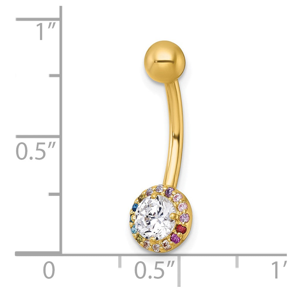 10K Yellow Gold Polished 14 Gauge Rainbow Halo And Clear Cz Navel Ring