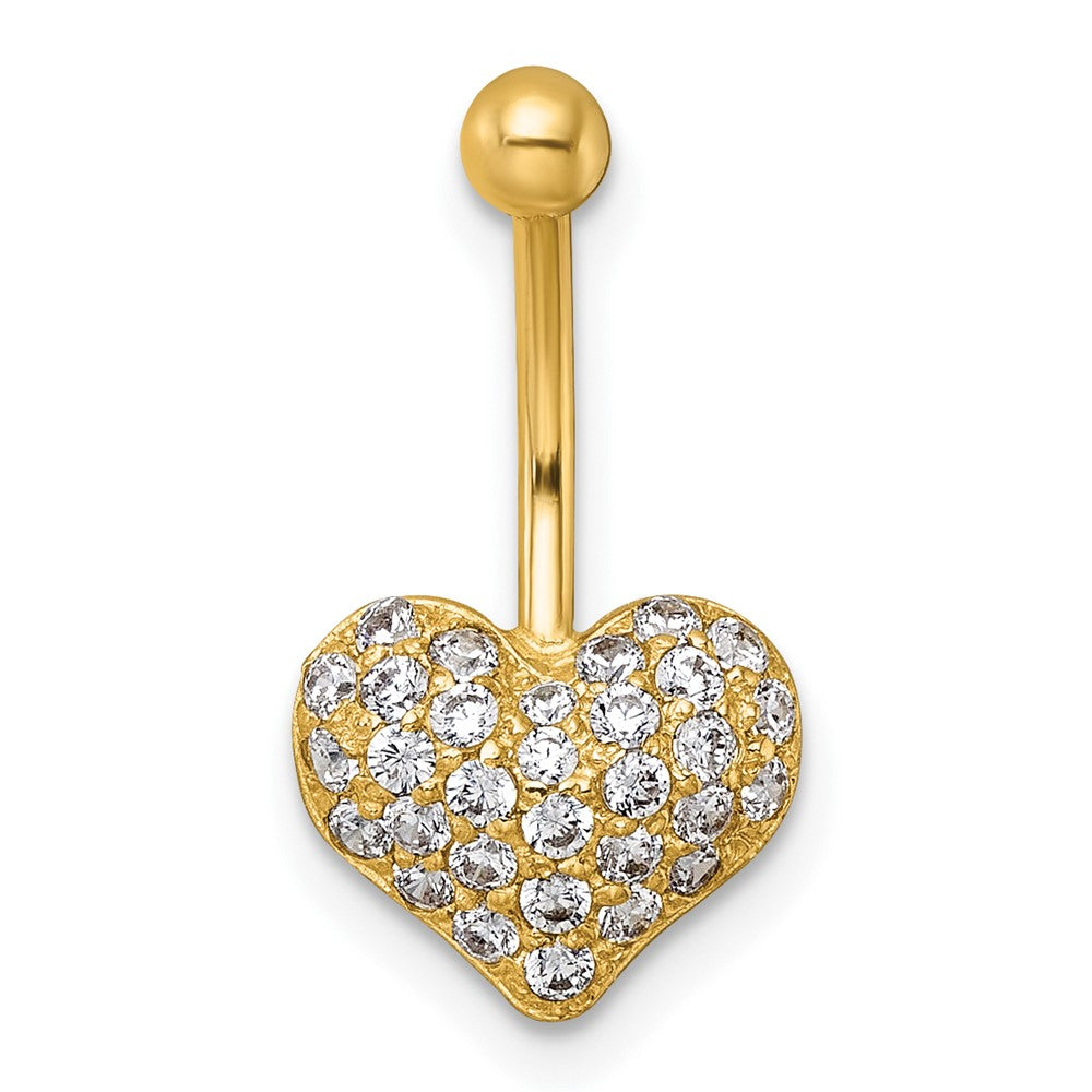 10K Yellow Gold Polished 18 Gauge Pave Cz Heart Navel Ring