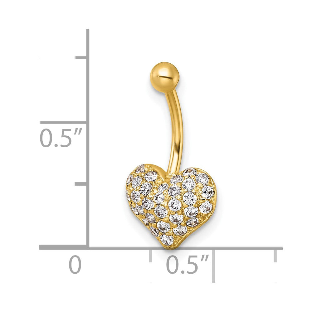 10K Yellow Gold Polished 18 Gauge Pave Cz Heart Navel Ring