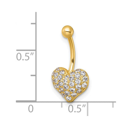 10K Yellow Gold Polished 18 Gauge Pave Cz Heart Navel Ring