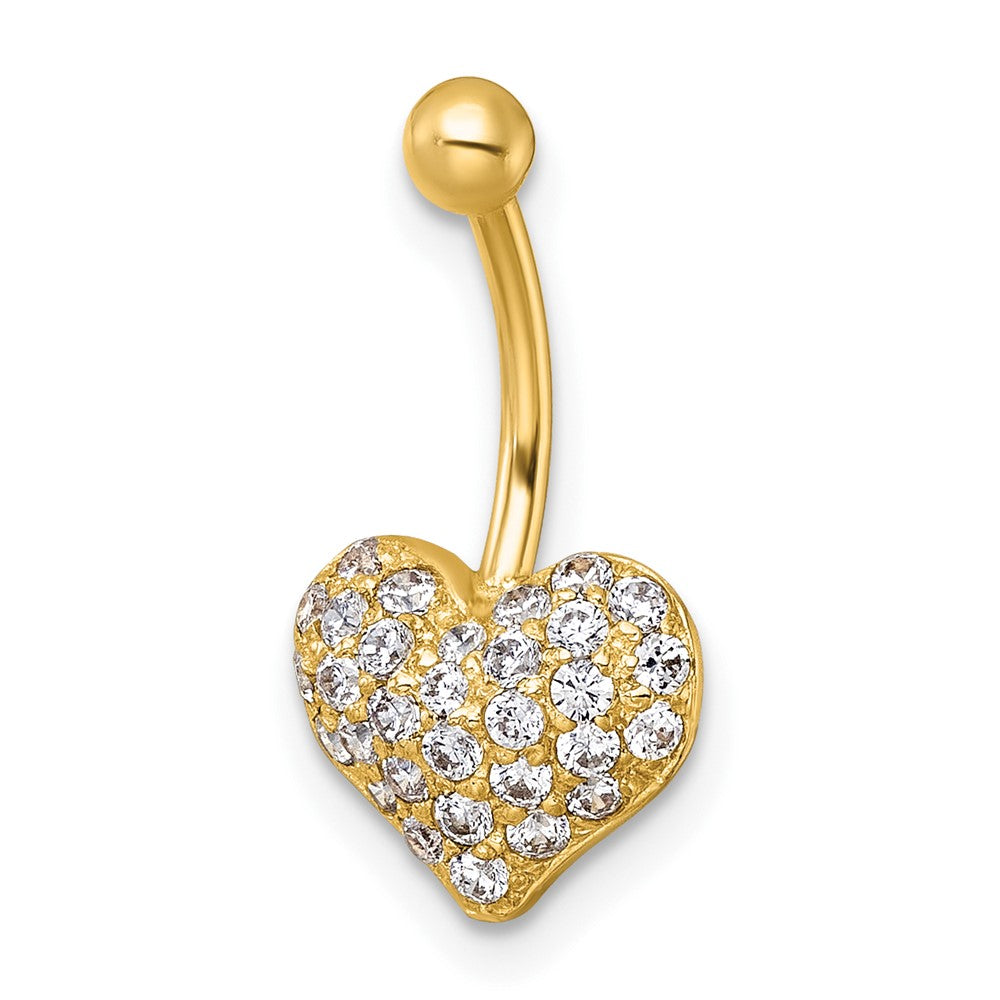10K Yellow Gold Polished 18 Gauge Pave Cz Heart Navel Ring