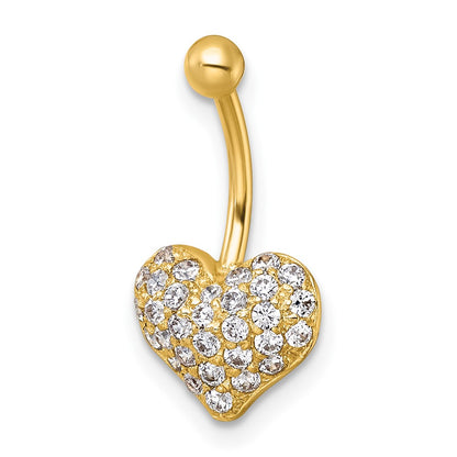 10K Yellow Gold Polished 18 Gauge Pave Cz Heart Navel Ring