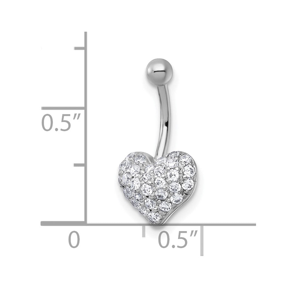 10K White Gold Polished 16 Gauge Pave Cz Heart Navel Ring