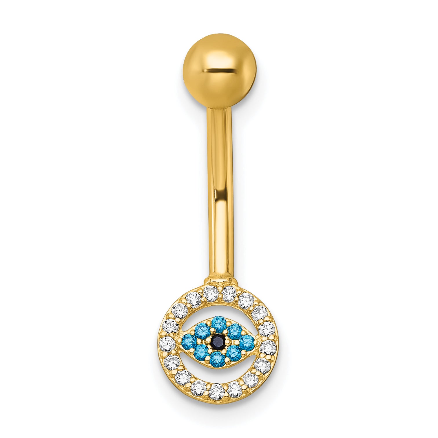 10K Yellow Gold Polished 14 Gauge White And Blue Cz Evil Eye Navel Ring