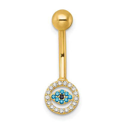 10K Yellow Gold Polished 14 Gauge White And Blue Cz Evil Eye Navel Ring