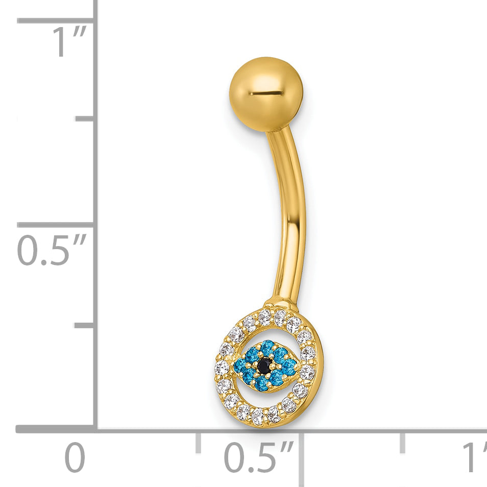 10K Yellow Gold Polished 14 Gauge White And Blue Cz Evil Eye Navel Ring