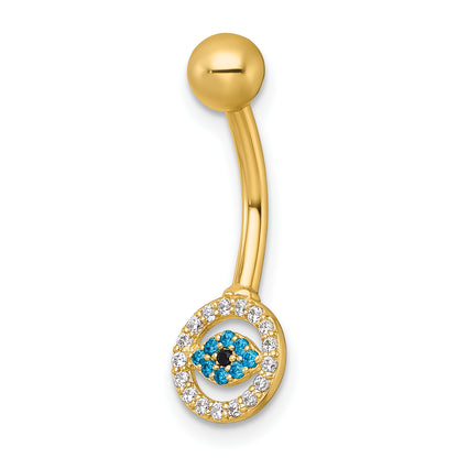 10K Yellow Gold Polished 14 Gauge White And Blue Cz Evil Eye Navel Ring