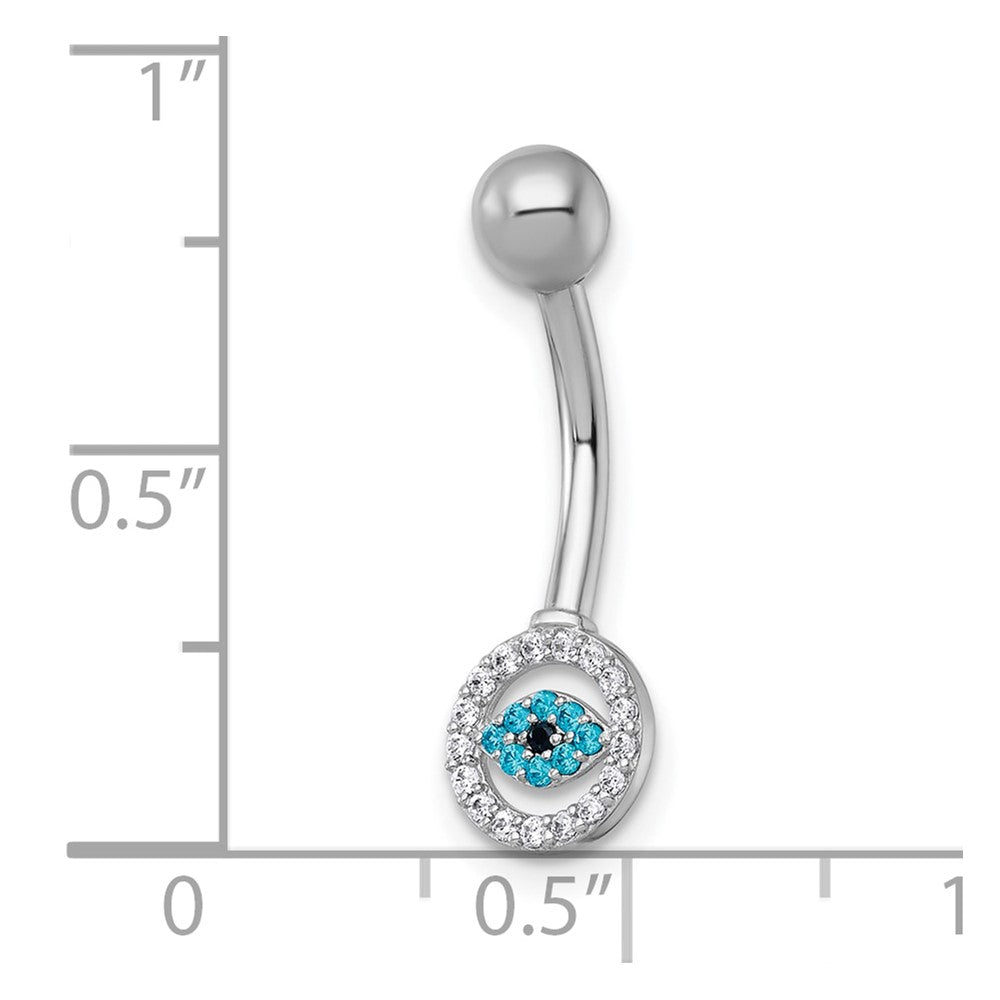 10K White Gold Polished 14 Gauge And Blue Cz Evil Eye Navel Ring