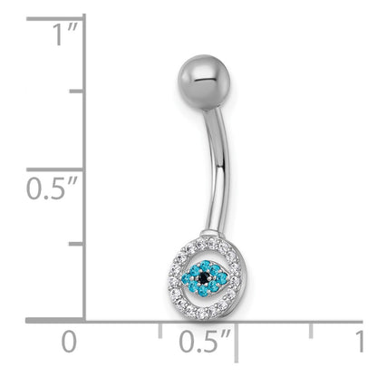 10K White Gold Polished 14 Gauge And Blue Cz Evil Eye Navel Ring