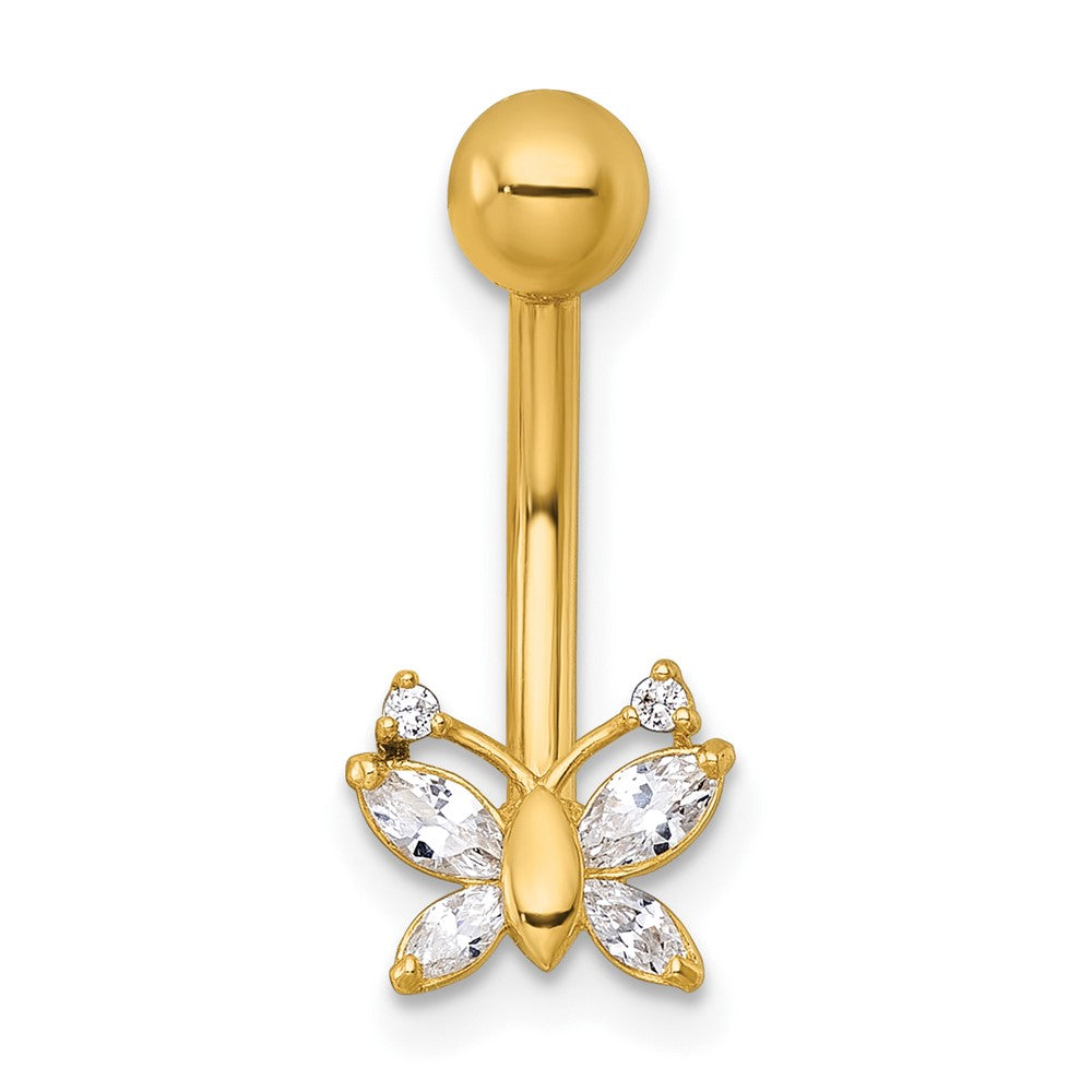 10K Yellow Gold Polished 14 Gauge Cz Butterfly Navel Ring