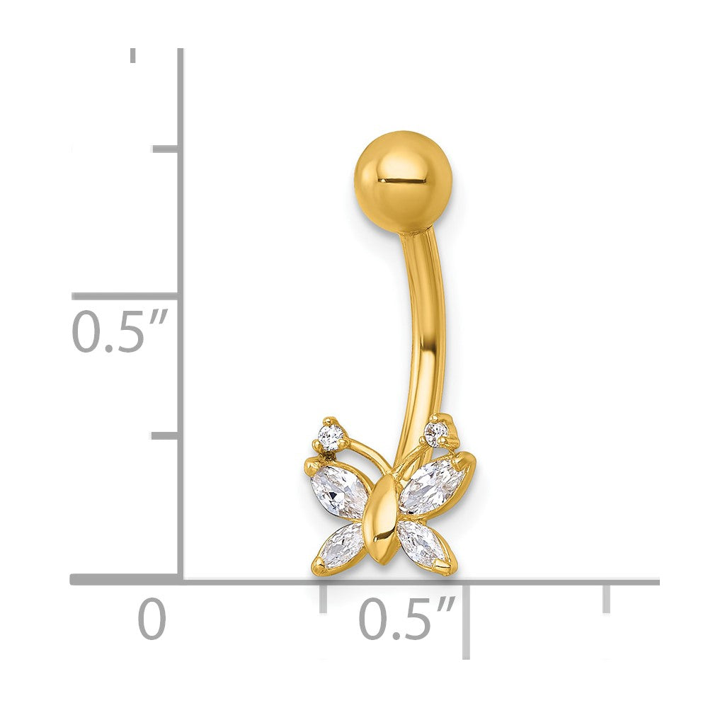 10K Yellow Gold Polished 14 Gauge Cz Butterfly Navel Ring