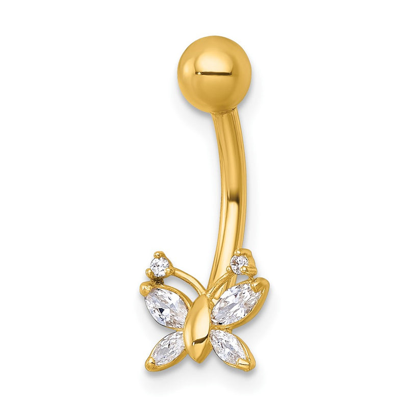10K Yellow Gold Polished 14 Gauge Cz Butterfly Navel Ring