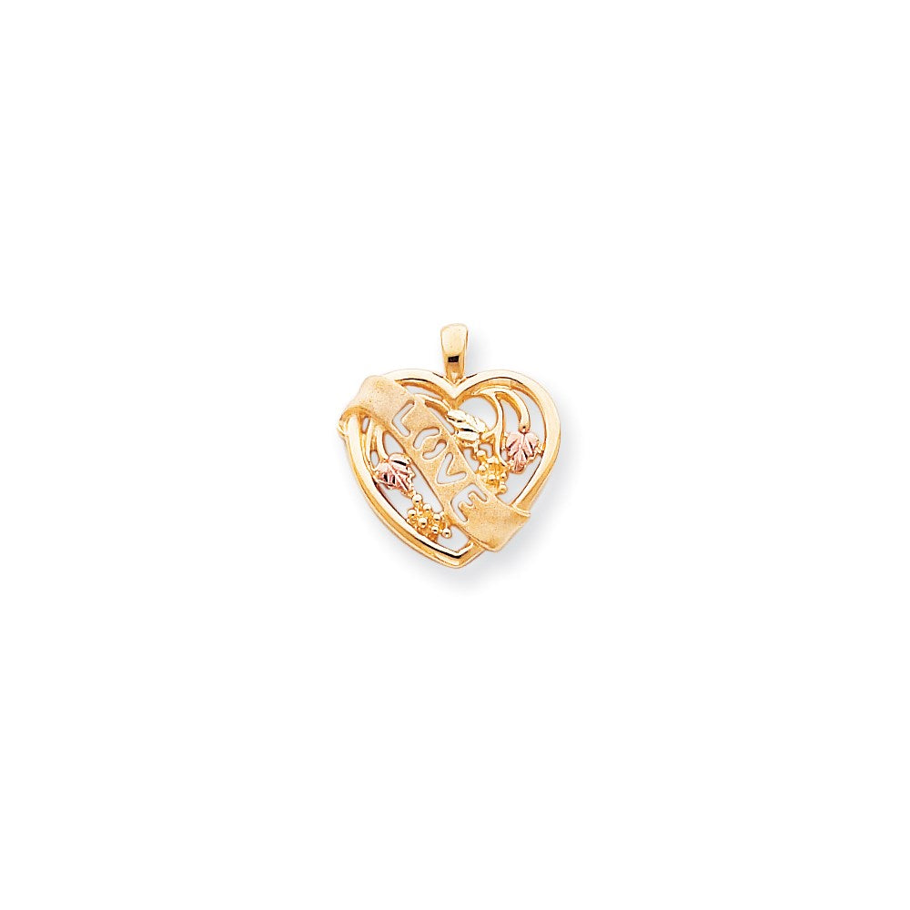 10K Yellow Gold Black Hills Gold Love Banner Across Scrolled Heart Pendant
