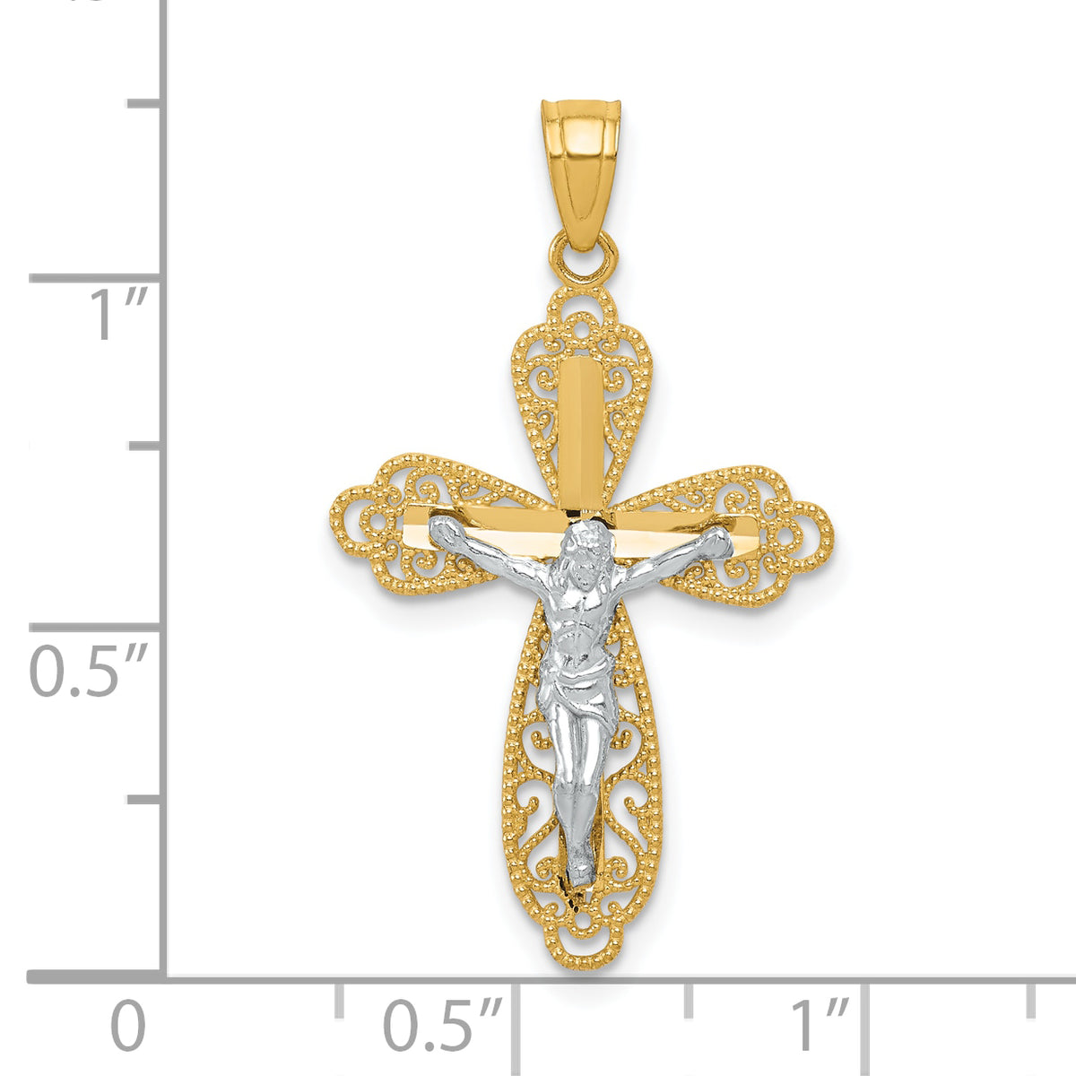 10k Yellow w/Rhodium w/ Rhodium Filigree Crucifix Pendant