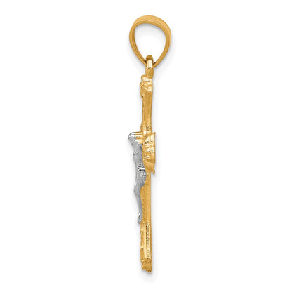 10k Yellow w/Rhodium Fleur De Lis Crucifix Pendant