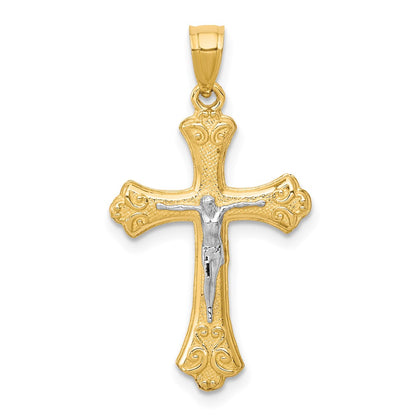 10k Yellow w/Rhodium Fleur De Lis Crucifix Pendant