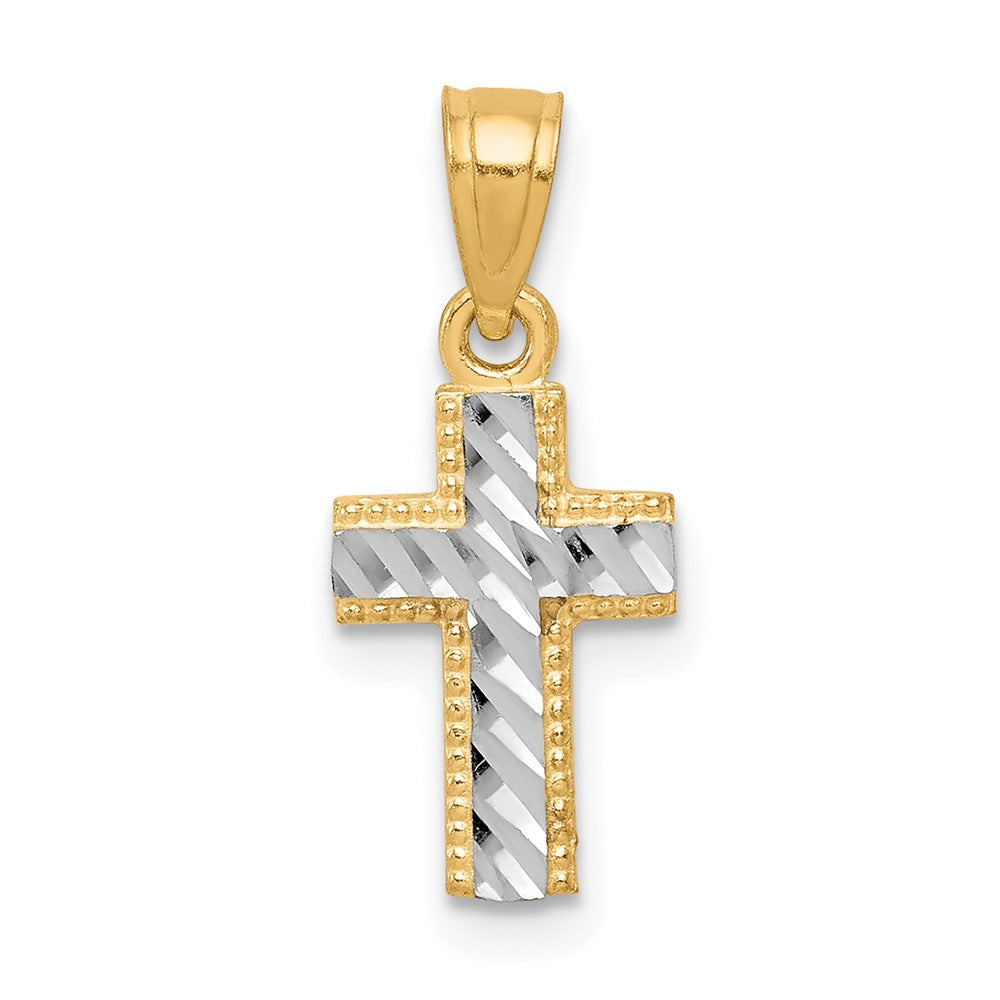 10k Yellow w/Rhodium & Rhodium Tiny Diamond-Cut Cross Pendant